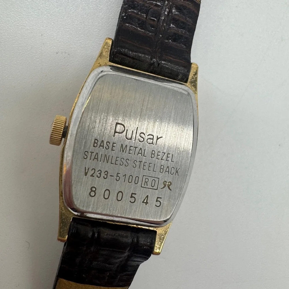 Pulsar V233-5100 Gold Tone Tonneau Ladies Quartz Watch Brown Leather needs bat